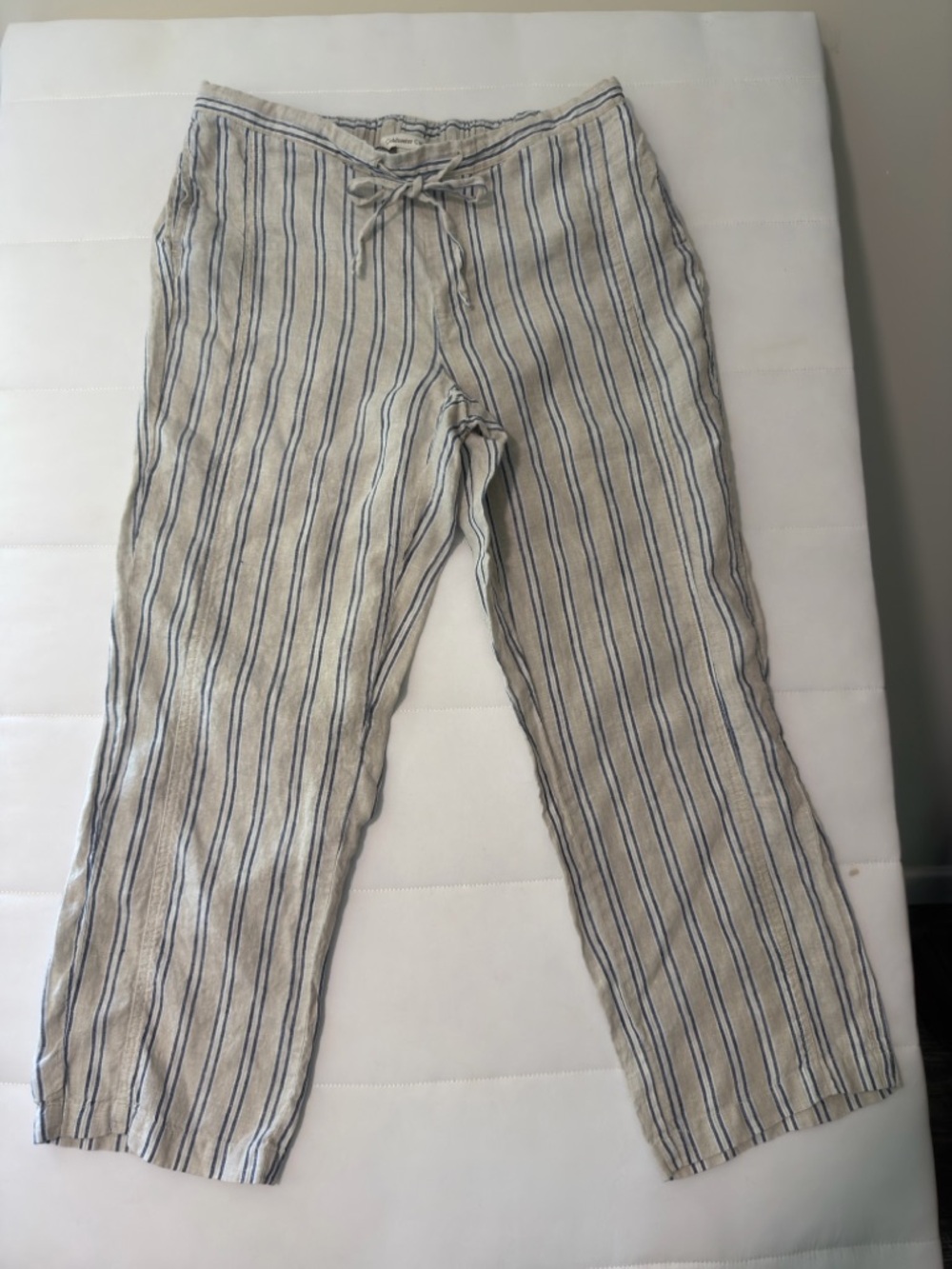 Coldwater Creek Biege Blue Striped 100% Linen Summer Beachy Pants Women M